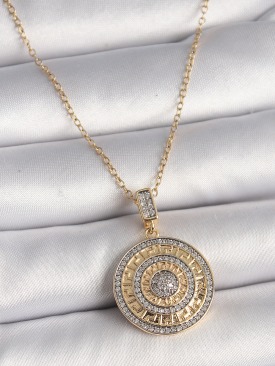 Erb 316L Çelik Gold Renk Zincir Zirkon Taşlı Madalyon Model Labirent İşleme Kadın Kolye