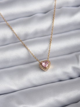 Erb 316L Çelik Zincir Gold Renk Pembe Zirkon Taşlı Charm Kadın Kolye