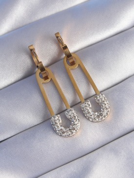 Erb 316L Çelik Gold Renk Zirkon Taşlı Çengelli İğne Küpe