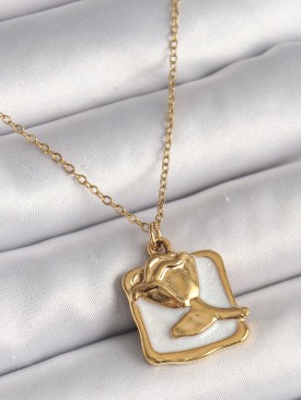 Erb 316L Çelik Gold Renk Zincir Beyaz Mineli Gül Portre Model Kadın Kolye