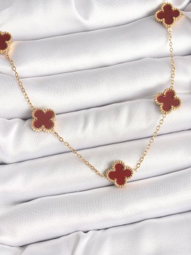 Erb 316L Çelik Gold Renk Zincir Bordo Yonca Model Kadın Kolye