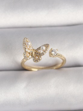 Erb Pirinç Gold Renk Zirkon Taşlı Kelebek Model İnci Detay Ayarlanabilir Yüzük
