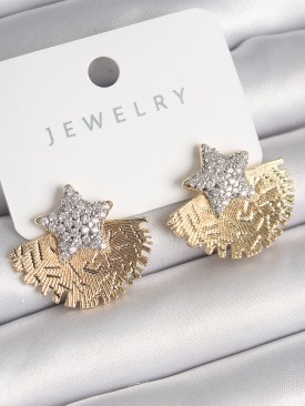 Erb Pirinç Gold Renk İşleme Detaylı Yelpaze Zirkon Taşlı Yıldız Model Kadın Küpe