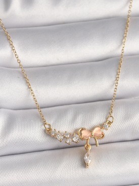 Erb 316L Çelik Gold Renk Zincir Zirkon Taşlı Pembe Mineli Fiyonk Model Sallantı Taş Detay Kadın Kolye