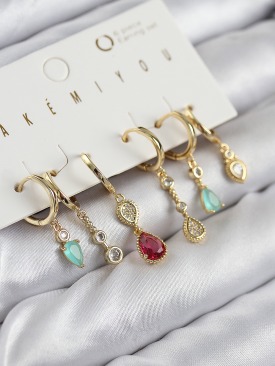 Erb Pirinç Zirkon Taşlı Sallantılı Model Gold Renk 6\'lı Küpe Set