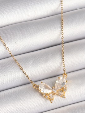 Erb 316L Çelik Gold Renk Zincir Zirkon Taşlı Fiyonk Model Kadın Kolye