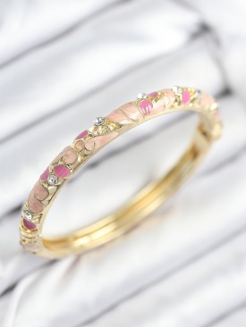 Erb Mineli Pirinç Zirkon Taşlı Pembe Çiçek Motifli Gold Kadın Kelepçe