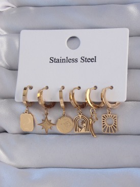 Erb 316L Çelik Gold Renk Yıldız Figürlü Tarot Model Halka Küpe Seti