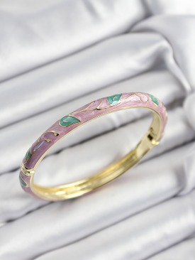 Erb Mineli Pirinç Pembe Ve Yeşil Yaprak Motifli Gold Renk Kadın Kelepçe