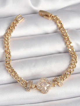 Erb Pirinç Gold Renk Zirkon Taşlı Yonca Figür Zincir Model Kadın Bileklik