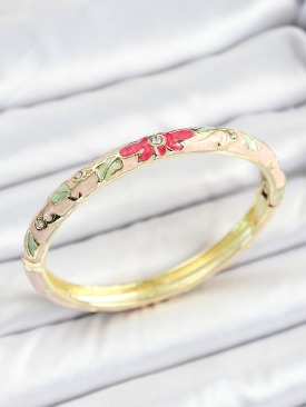 Erb Mineli Pirinç Zirkon Taşlı Yeşil Pembe Çiçek Desenli Gold Renk Kadın Kelepçe