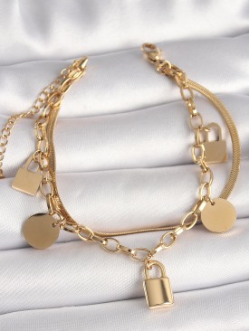 Erb 316L Çelik Gold Renk 2\'Li İtalyan Zincir Kilit Figür Kadın Bileklik