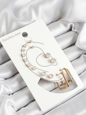 Erb 316L Çelik Dikdörtgen Figürlü Ve Zirkon Taşlı Gold Renk 7\'li Çift Kadın Küpe Set