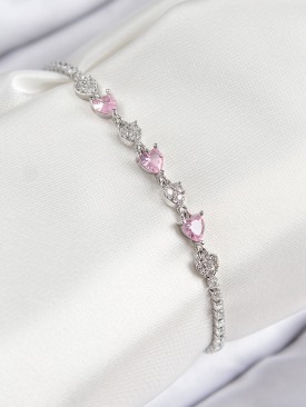 Erb Pirinç Zirkon Taşlı Pembe Kalp Model Gümüş Renk Kadın Bileklik