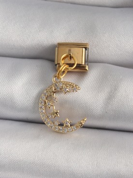 Erb 316L Çelik Gold Renk Sallantı Zirkon Taşlı Hilal Model Nomination Charm
