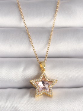 Erb 316L Çelik Gold Renk Zirkon Taşlı Pembe Yıldız Model Kadın Kolye
