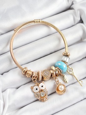 Erb 316L Çelik Mavi Zirkon Taşlı Baykuş İstiridye Ve Anahtar Model Gold Renk Charm Bileklik