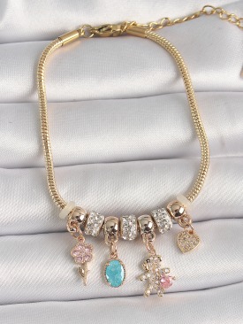 Erb 316L Çelik Gold Renk Zincir Sallantı Zirkon Taşlı Ayıcık Figür Çiçek Detay Kadın Bileklik