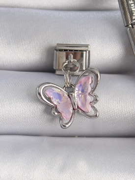 Erb 316L Çelik Gümüş Renk Pembe Zirkon Taşlı Sallantı Kelebek Figür Nomination Charm