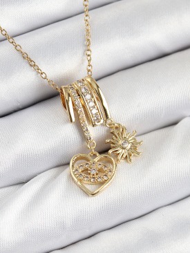 Erb 316L Çelik Zirkon Taşlı Sallantılı Kalp Ve Güneş Model Gold Renk Kadın Kolye