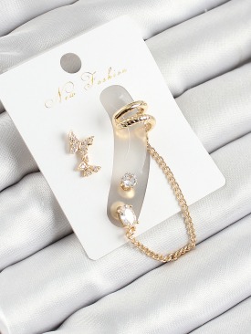 Erb Pirinç Kelebek Figürlü Zirkon Taşlı Gold Renk 3\'lü Kıkırdak Kadın Küpe Set