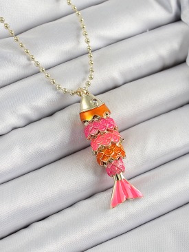 Erb Pirinç Pembe Ve Turuncu Balık Model Zirkon Taşlı Gold Renk Kadın Kolye