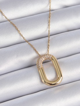 Erb 316L Çelik Zincir Gold Renk Zirkon Taşlı Oval Halka Model Kadın Kolye