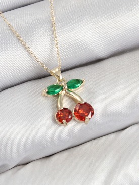 Erb Pirinç Zirkon Taşlı Kiraz Model Gold Renk Kadın Kolye