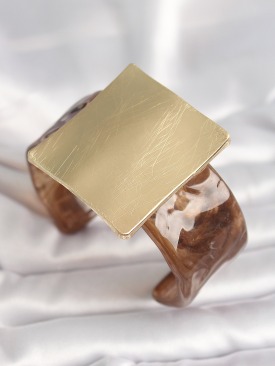 Erb Kahverengi Mermer Desen Akrilik Plastik Gold Kare Plaka Model Vintage Kadın Bilezik