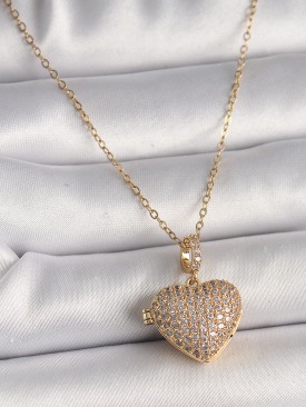 Erb 316L Çelik Gold Renk Zincir Zirkon Taşlı Açılır Kalp Model Kadın Kolye