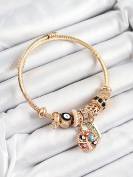 Erb 316L Çelik Siyah Nazarlı Zirkon Taşlı İnci Detaylı Hayat Ağacı Model Gold Renk Charm Bileklik