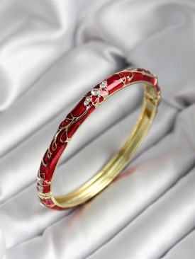 Erb Mineli Pirinç Kırmızı Çiçek Desenli Zirkon Taşlı Gold Renk Kadın Kelepçe