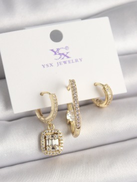 Erb Pirinç Gold Renk Zirkon Taşlı Baget Halka Model 3\'Lü Kadın Kombin Küpe