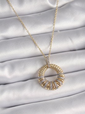 Erb 316L Çelik Gold Renk Zincir Gümüş Zirkon Taşlı Daire Model Kadın Kolye