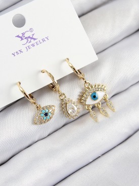 Erb Pirinç Zirkon Taşlı 3\'lü Fatma\'nın Gözü Model Gold Renk Kadın Küpe