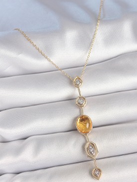 Erb Pirinç Zincir Kehribar Sarı Gold Renk  Zirkon Taşlı Y Kolye