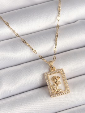 Erb 316L Çelik Gold Renk Zincir Zirkon Taşlı Beyaz Sedefli Portre Model Kadın Kolye