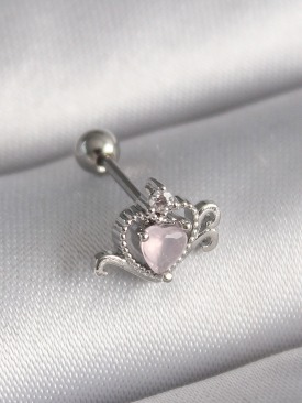 Erb 316L Çelik Gümüş Renk Pembe Mineli Kalp Zirkon Taş Detay Tragus Piercing