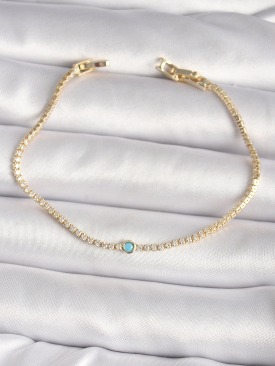 Erb Pirinç Gold Renk Su Yolu Zirkon Taşlı Mavi Taşlı Kadın Bileklik