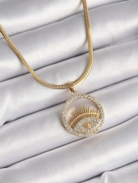 Erb 316L Çelik Gold Renk İtalyan Zincir Zirkon Taşlı Göz Model Kadın Kolye