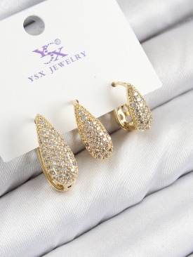 Erb Pirinç Zirkon Taşlı 3\'lü Damla Model Gold Renk Kadın Küpe