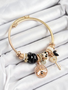 Erb 316L Çelik Siyah Zirkon Taşlı Baykuş Arı Ve Anahtar Model Gold Renk Charm Bileklik