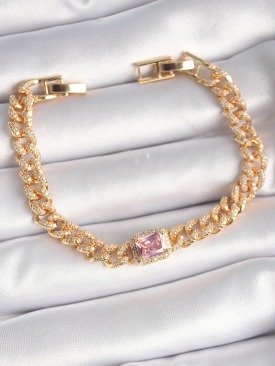 Erb Pirinç Gold Renk Pembe Kare Zirkon Taşlı VIP Seri Kadın Bileklik