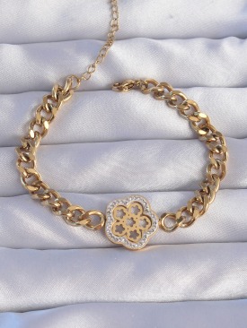 Erb 316L Çelik Gold Renk Zirkon Taşlı Çiçek Tasarımlı Zincir Bileklik