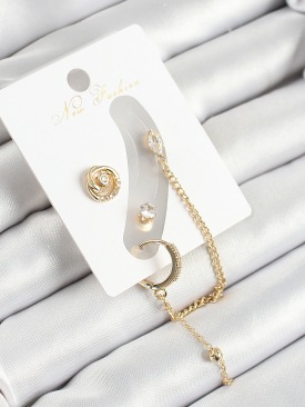 Erb Pirinç Halka Figürlü Zirkon Taşlı Gold Renk 3\'lü Kıkırdak Kadın Küpe Set
