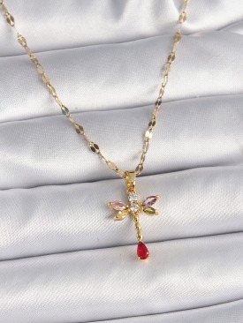 Erb 316L Çelik Gold Renk Zincir Renkli Zirkon Taşlı Yusufçuk Model Kadın Kolye