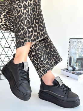 Leope Siyah Cilt Bağcıklı Spor Ayakkabı