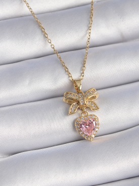 Erb 316L Çelik Gold Renk Zincir Zirkon Taşlı Kurdele Kalp Figür Kadın Kolye