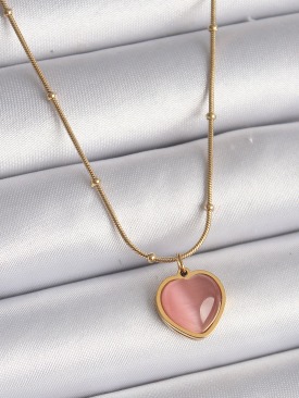 Erb 316L Çelik Gold Renk Pembe Kedi Gözü Sedefli Kalp Model Kadın Kolye