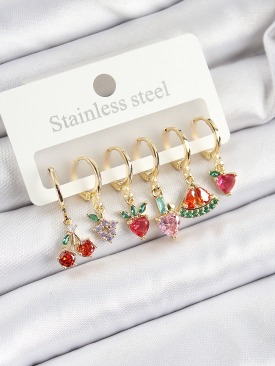 Erb Pirinç Zirkon Taşlı Meyve Temalı Karışık Model Gold Renk 6\'lı Set Kadın Küpe